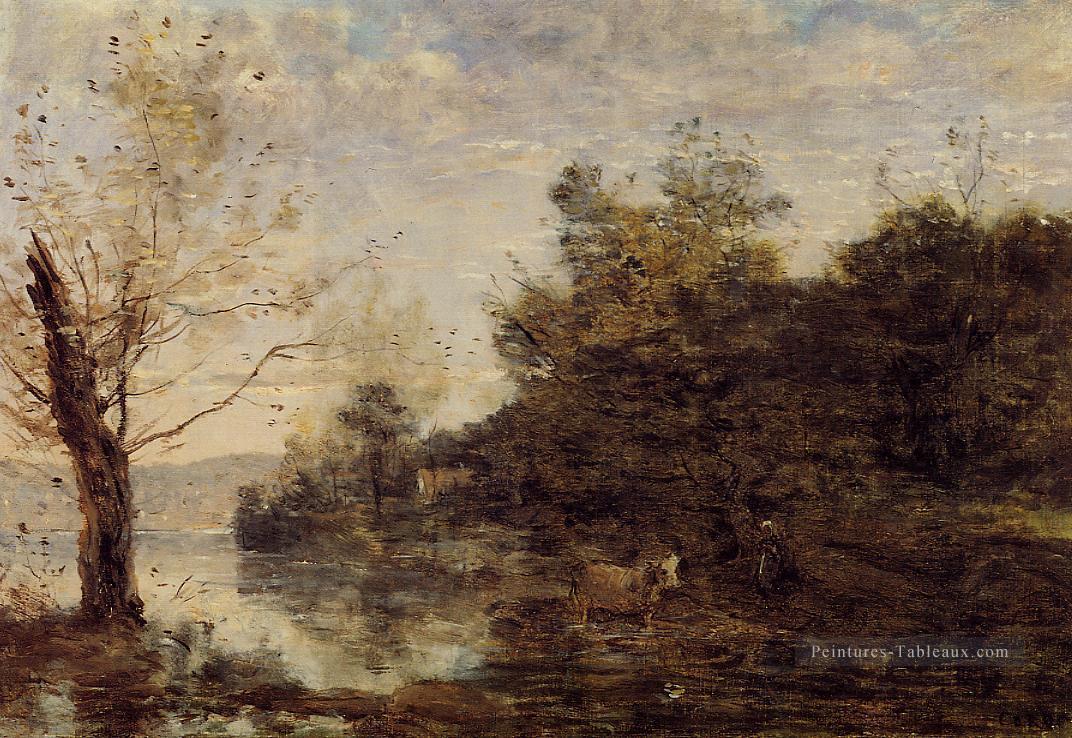 Cowherd par l’eau plein air romantisme Jean Baptiste Camille Corot Peintures à l'huile